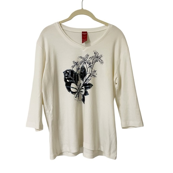 Olsen Europe Cream Floral Palm Tree Tee Large? Sequins 3/4 Sleeves Cotton - Picture 1 of 8